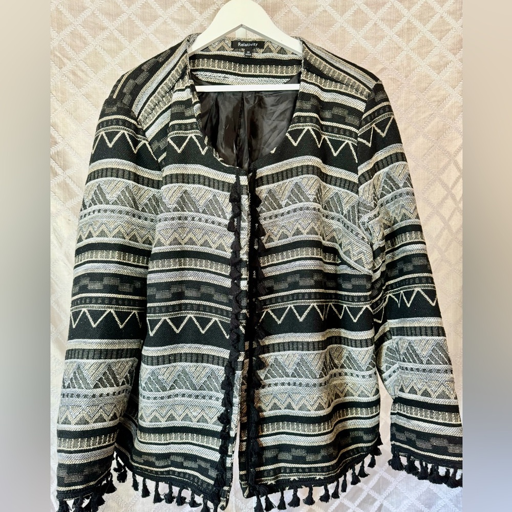 Southwest Pattern Tapestry Jacket With Tassel Trim from Relativity, 3X